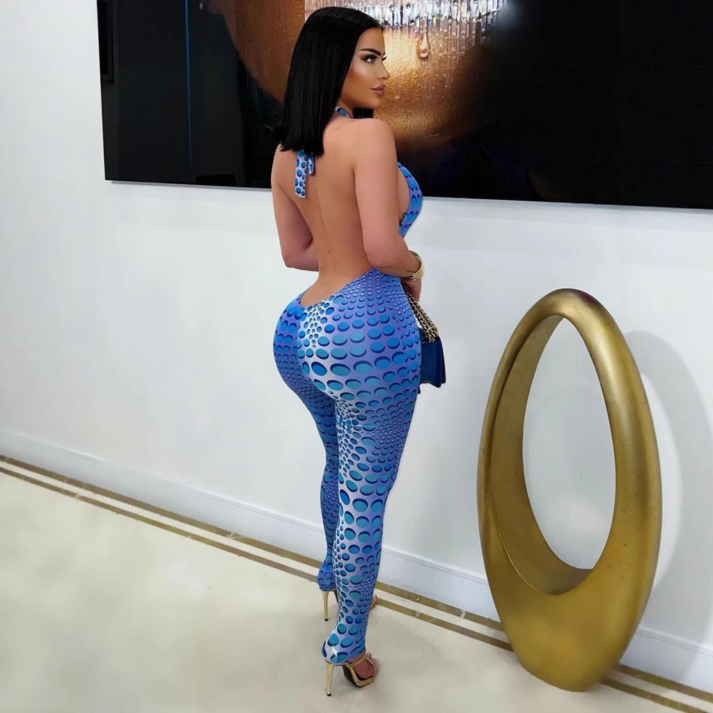 Women Clothing Summer Sexy Girls Skinny Print Halter Backless Yoga Jumpsuit
