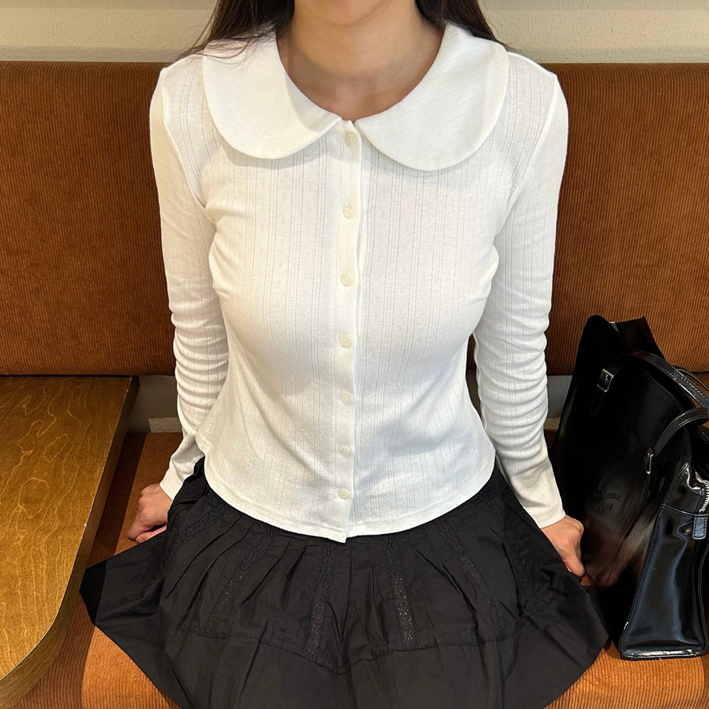 Arrival Sweet White Doll Collar Knitted Cardigan Girly Basic Texture Shirt