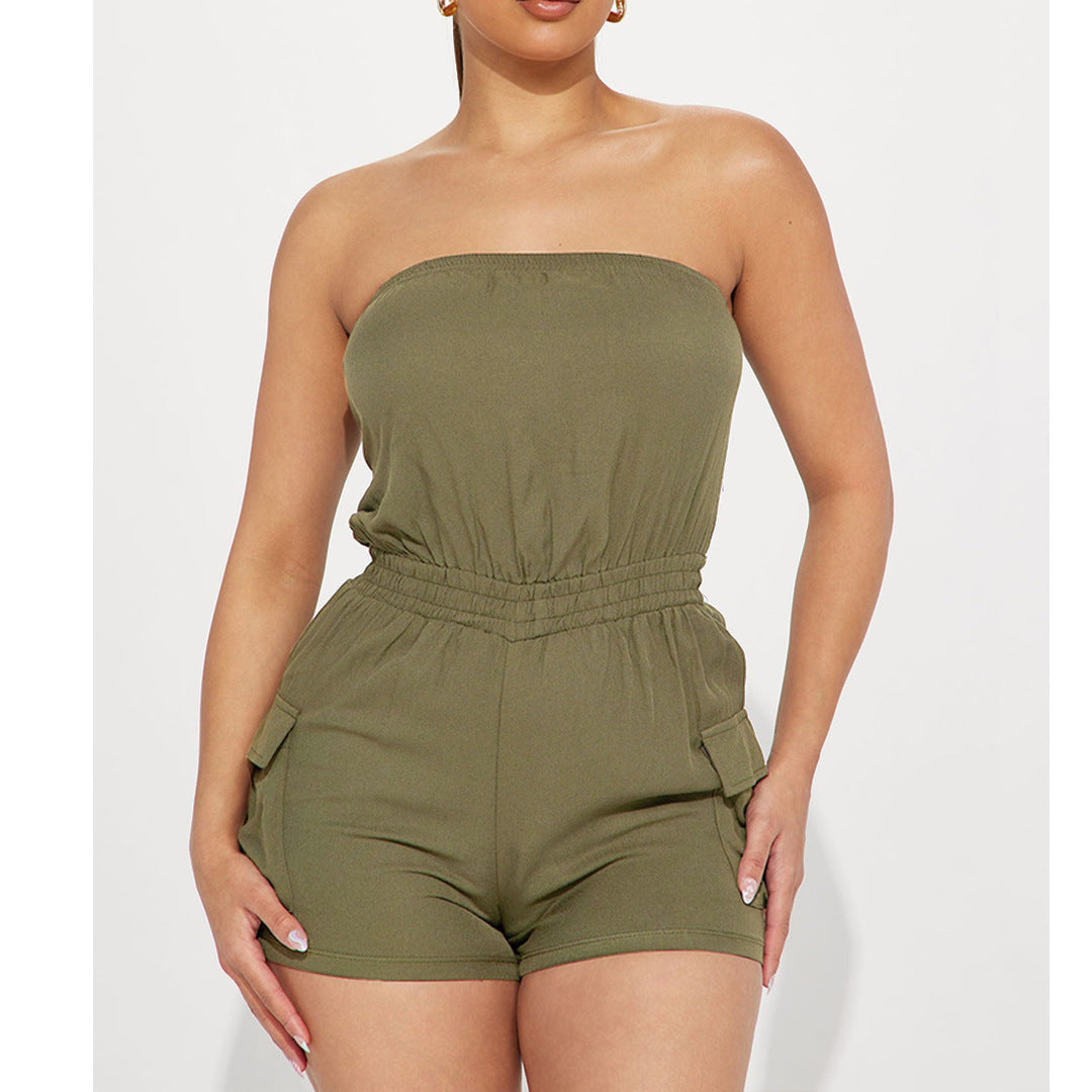 Women Clothing Sexy Comfortable Solid Color Chest Wrapped Organ Pocket Jumpsuit