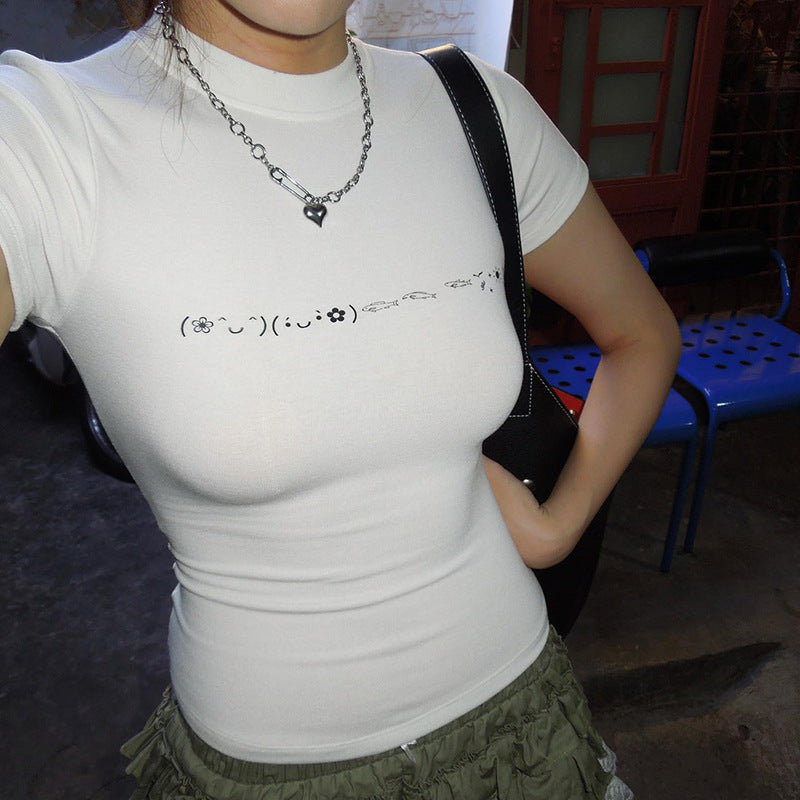 Summer Cute Emoji Printed Shoulder Short Sleeve T shirt Sexy Women Slimming Slim Fit Crop Top