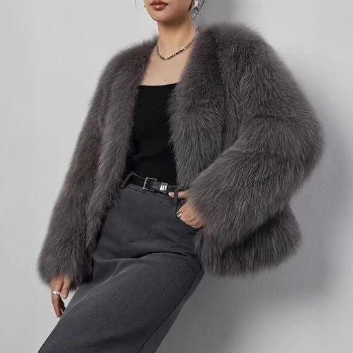 Fur V neck Artificial Fur Coat Short Fox Fur Fur Coat Fluffy Plush Women Clothing