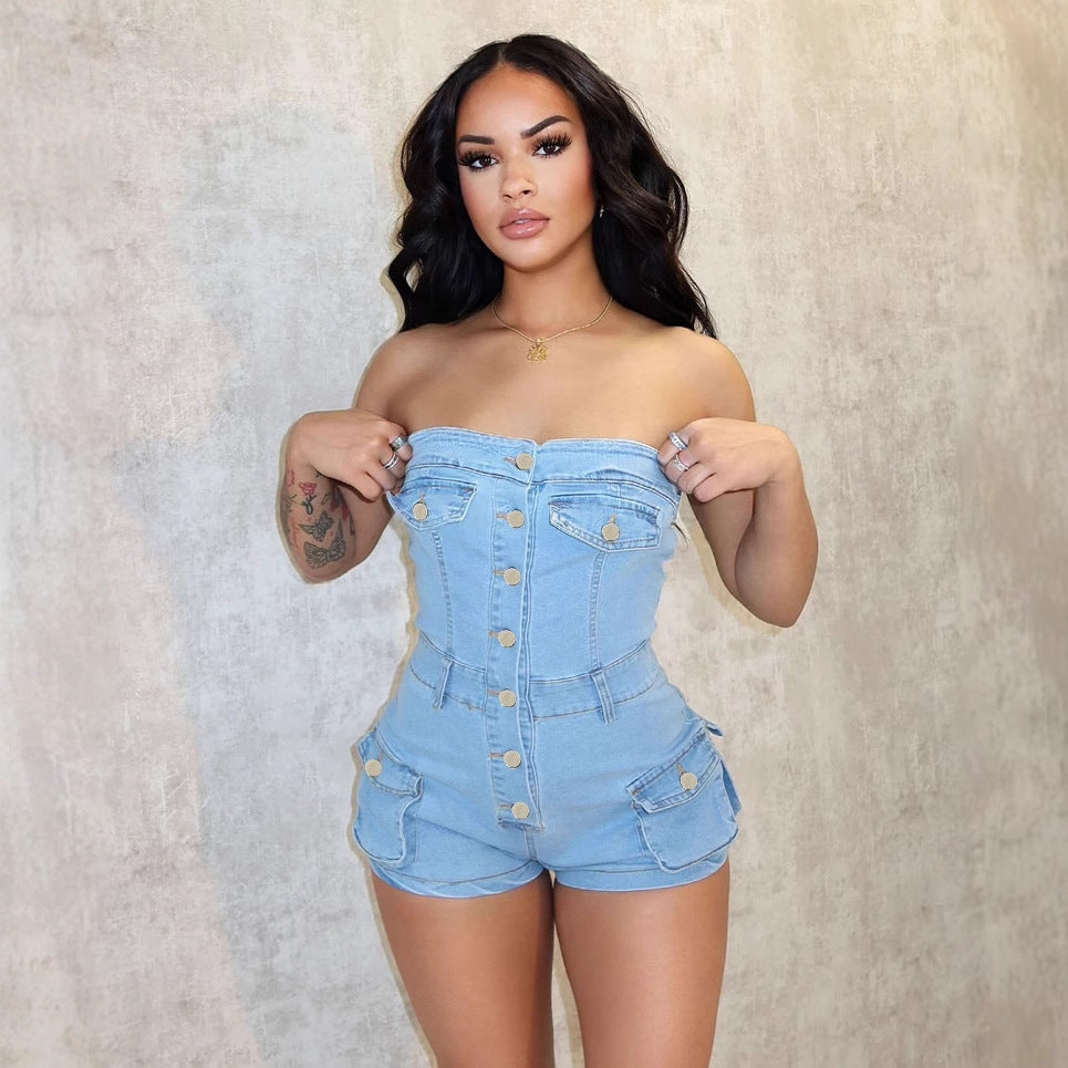 Supply Women Clothing Summer Tube Top Stretch Denim Jumpsuit
