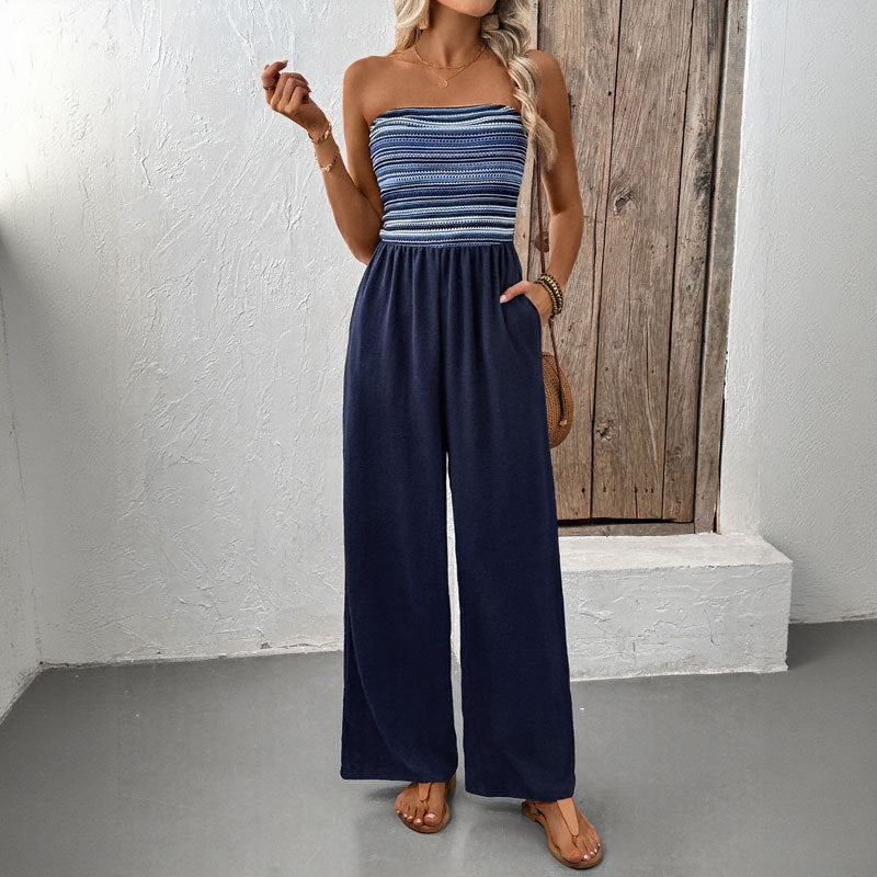 Summer Casual Simple Jumpsuit Elastic Patchwork Stripes Jumpsuit