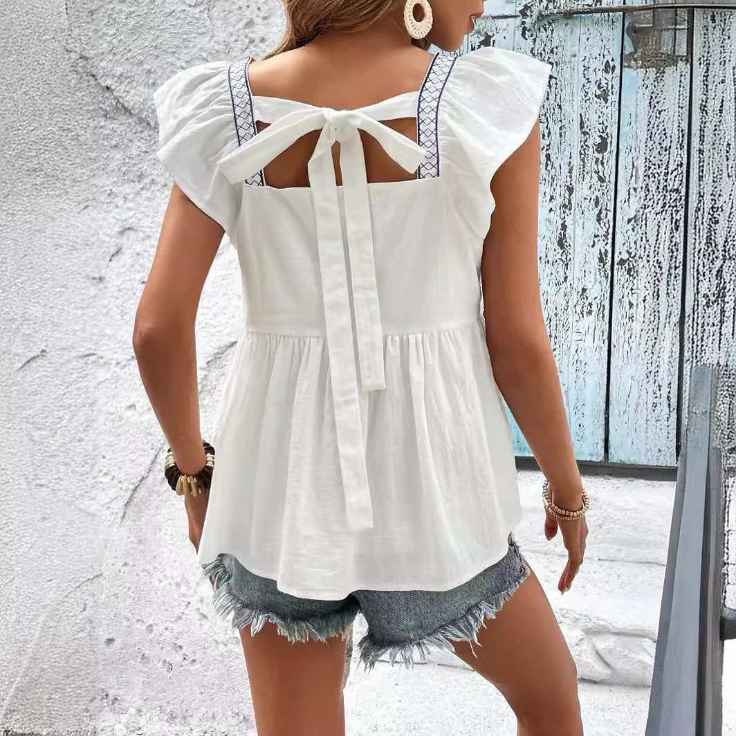 Women Clothing Summer Embroidery Tie Neck Square Collar Flying Sleeves Ruffle Top Women