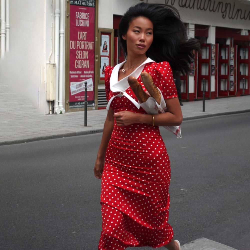 Elegant Lady Polka Dot Maxi Dress Sexy V neck Half Sleeve Sheath Dress