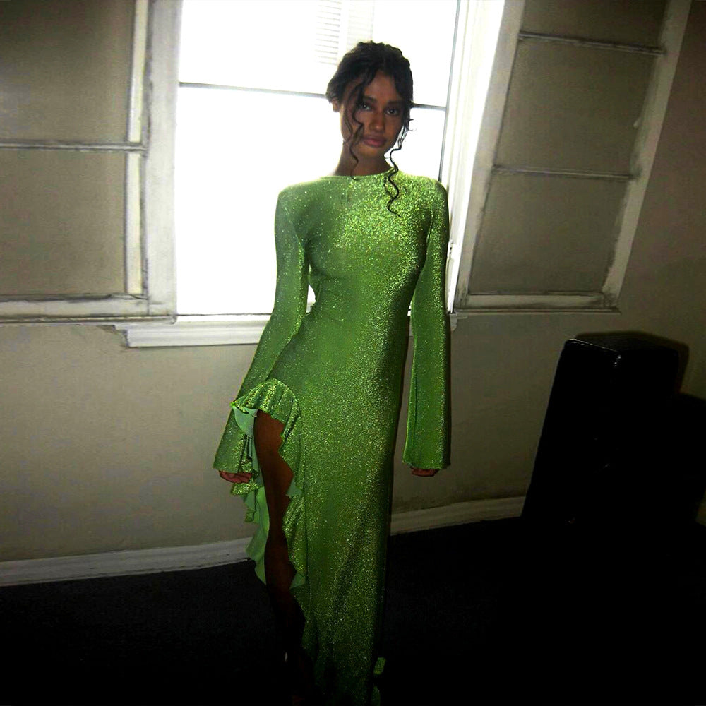 Sexy Women Wear Summer Solid Color Round Neck Long Sleeve Backless High Slit Dress