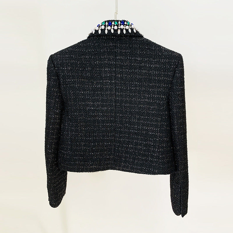 Goods Stars Exquisite Rhinestone Beaded Green Fruit Collar Short Woolen Jacket Coat