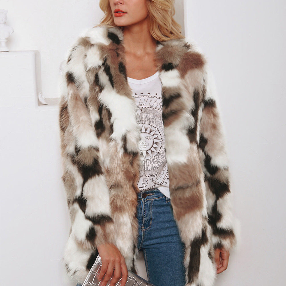 Tailored Collar Mixed Color Faux Fur Coat Women Coat Long Sleeve Fall Winter Coat