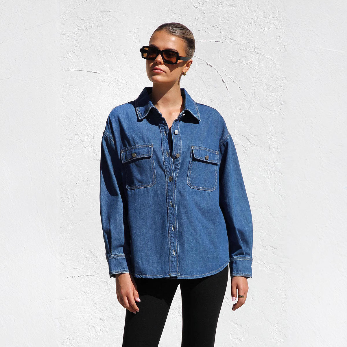 Denim Shirt Women Casual All Match Double Pocket Loose Shirt
