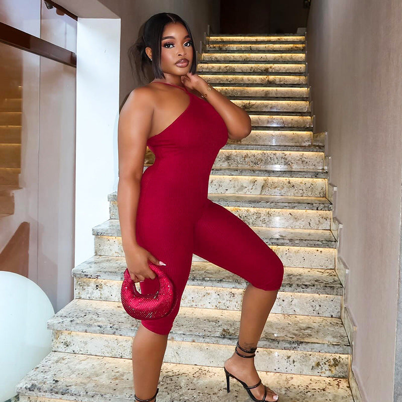 Women Clothing Autumn Solid Color Casual Slim Fit Halter Spaghetti Straps Backless Sleeveless Jumpsuit