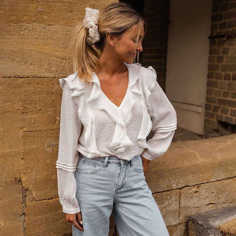 Fall French Pastoral Top Lace Ruffled V neck White Shirt Women