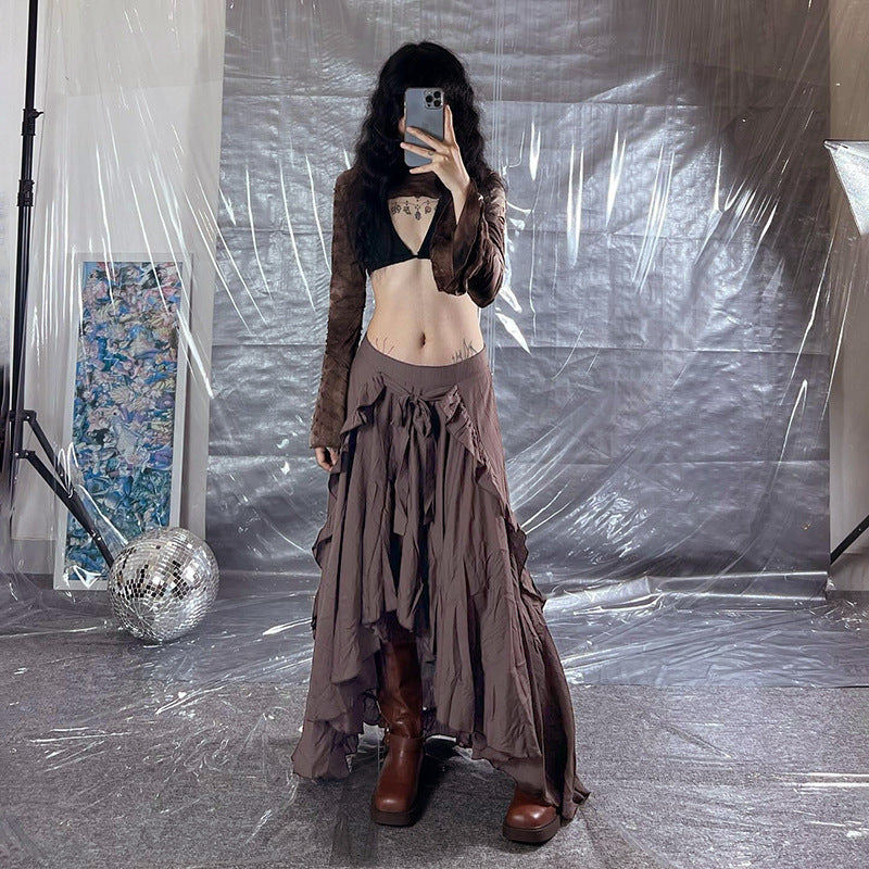 Falda larga con diseño de orejas de madera asimétricas e irregulares retro para mujer, a juego.