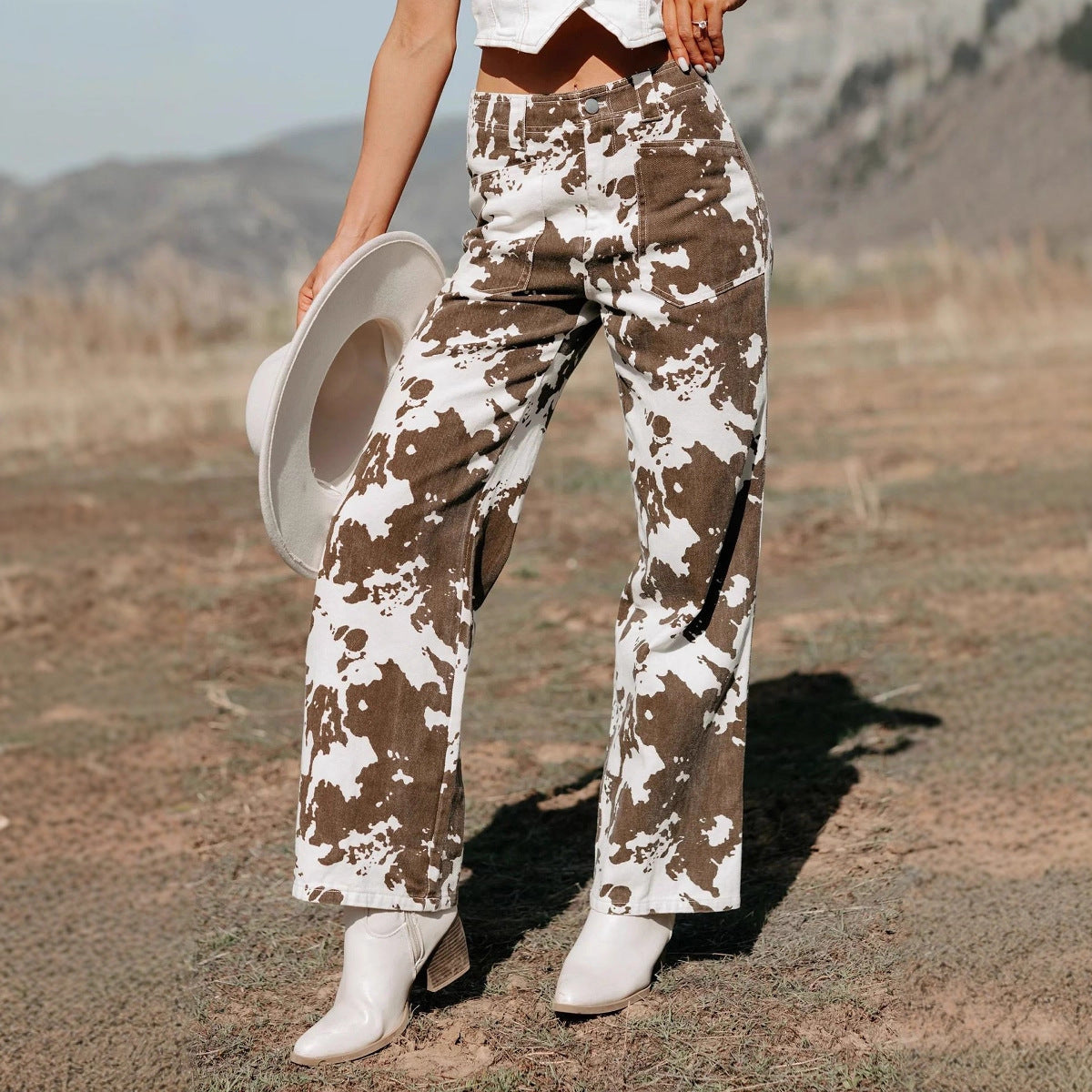 Women Irregular Asymmetric Pattern Print Jeans