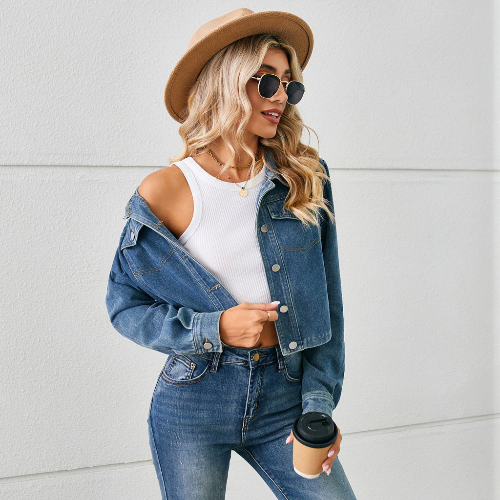 Sexy Washed Denim Short Jacket Top Long Sleeve Women
