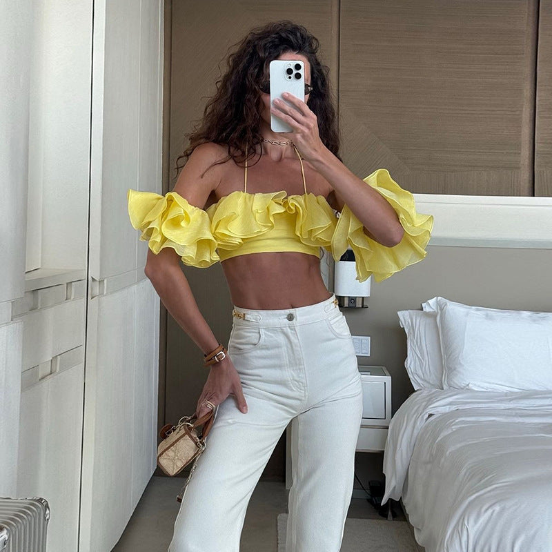 Summer Women Clothing Sexy Halter Cropped Wrapped Chest Split Lace Sleeve Solid Color Top