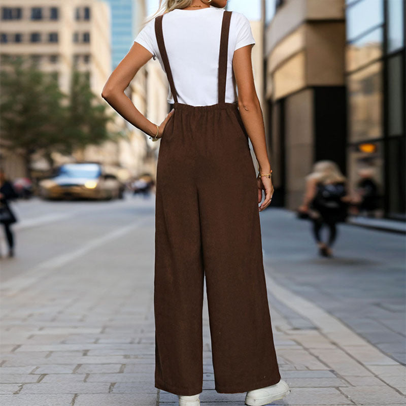 Fall Women Clothing Maillard Solid Color Corduroy Suspender Pants for Women