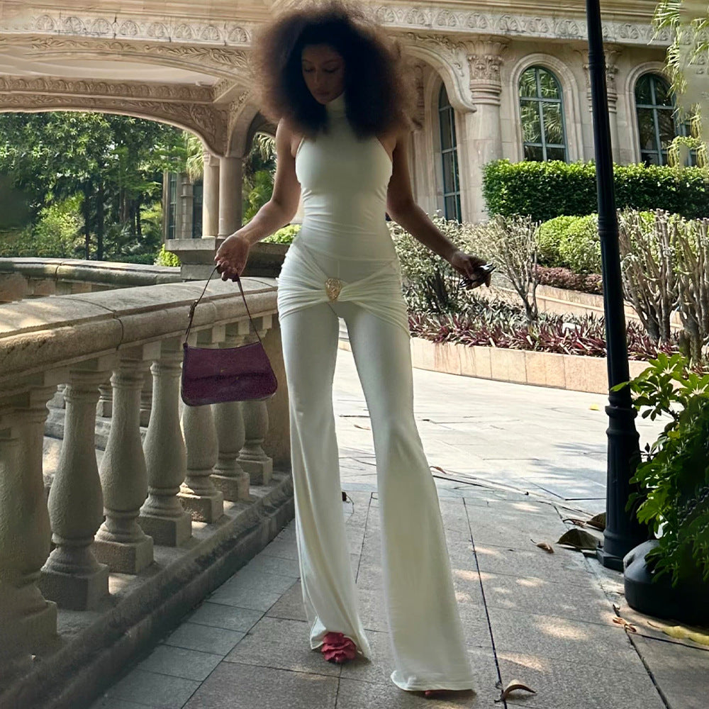 Summer Half Turtleneck Women Jumpsuit Sexy Backless Sleeveless Slim Fit Bodysuit