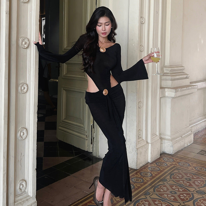 Graceful Women Metal Decorative Long Sleeved Jumpsuit Split Skirt Long Skirt Hollow Out Cutout out Cropped Two Piece Set