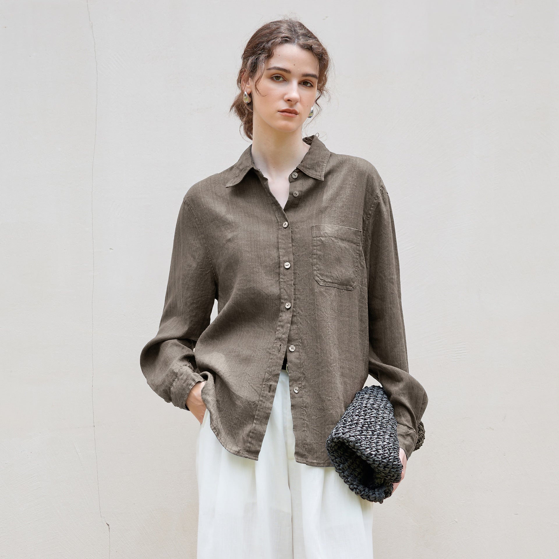 Long Linen Sleeves Shirt Women Minimalist Relaxed Single Breasted Shirt Autumn Winter Tencel Linen Solid Color Top