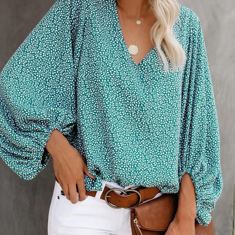 Spring Summer Women V-neck Lantern Sleeve Printed Long-Sleeved Top