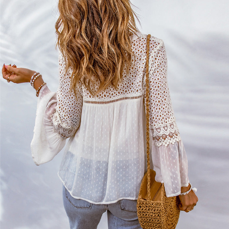 Lace Crochet Hollow Out Cutout Top Women Summer Loose Pullover Chiffon Shirt