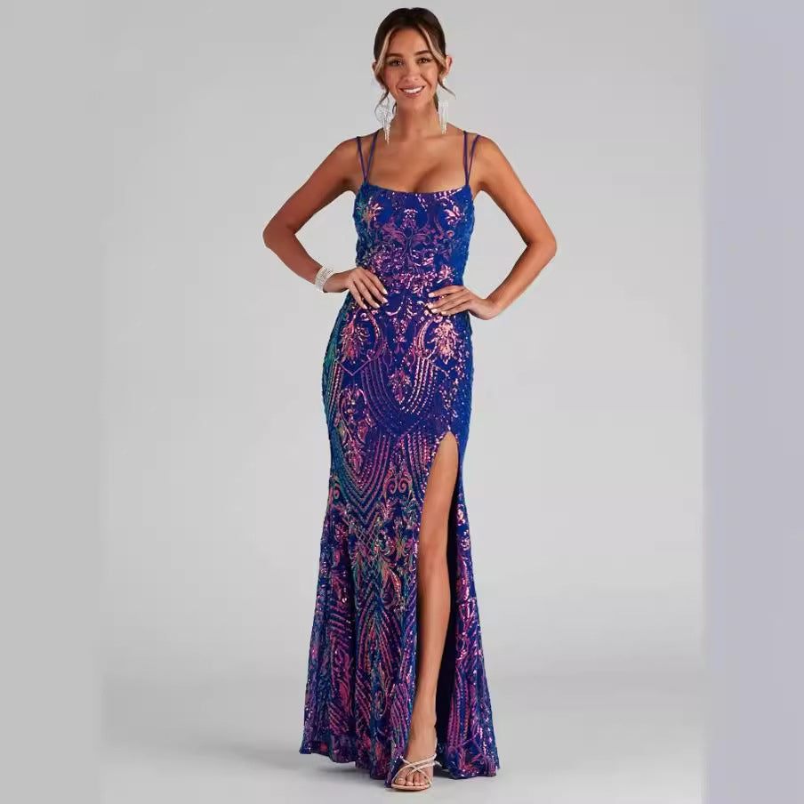Sexy off Neck Sequined Floor Length Evening Dress Elegant Slit Cocktail Party Dress for Women
