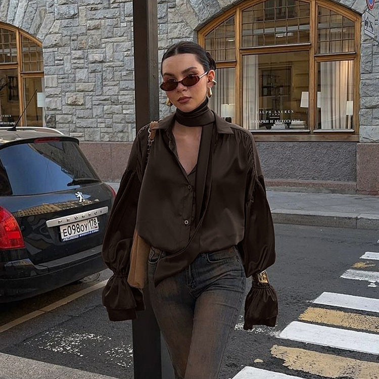 Women Clothing Scarf Bell Sleeve Loose Shirt Women Wild Collared Satin Shirt
