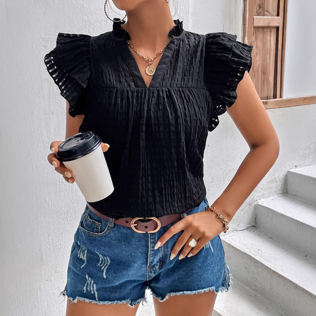 Women Clothing Women Summer Solid Color V neck Ruffle Sleeve Short Sleeve Top T shirt