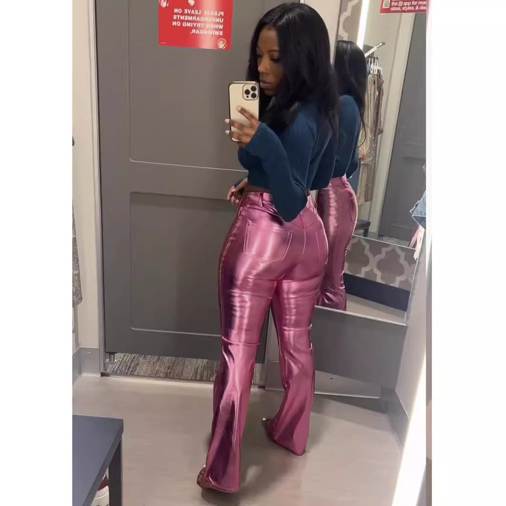 Women Clothing Autumn Winter Metallic Bright Small Horn Casual Length Leather Pants