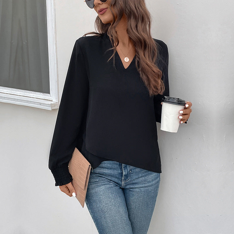 Spring Women V neck Solid Color Long Sleeve Shirt