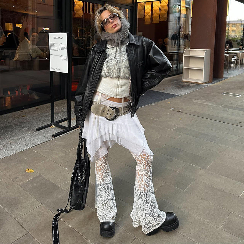 Culotte microtransparente de encaje con costuras de malla para mujer, diseño de nicho de verano