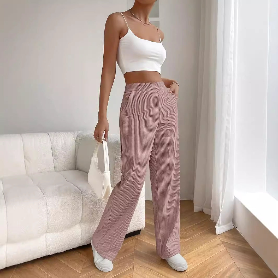 Spring Autumn Summer High Waist Loose Wide Legs Slimming Drape All Matching Corduroy Casual Straight Pants