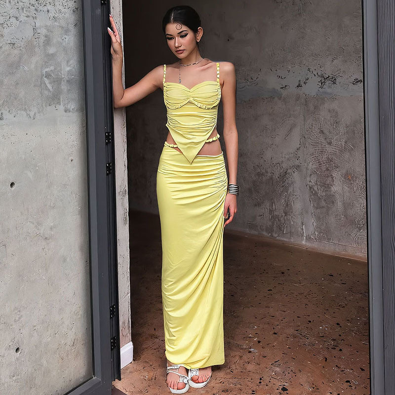 Women Clothing Summer Sexy Pleated Camisole Slim Sheath Skirt Set Women