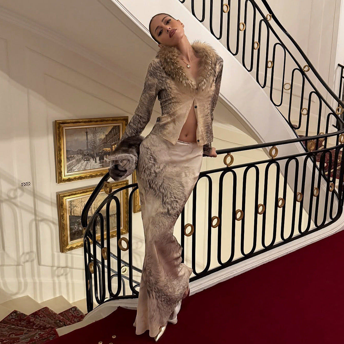 Autumn Winter Slim V neck Fur Collar Long Sleeve Cardigan High Waist Sheath Skirt Set