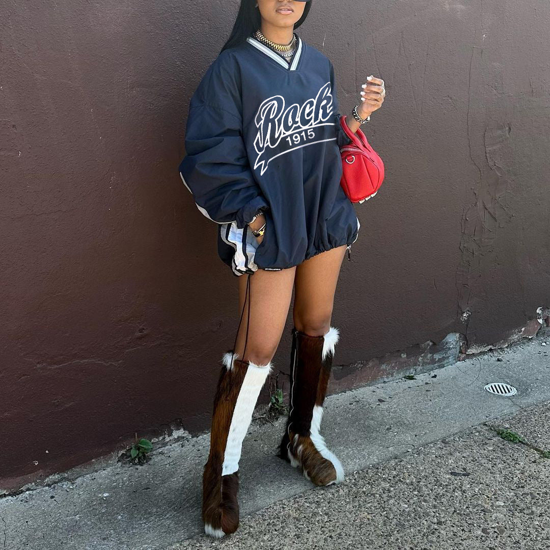 Street Casual Women Letter Graphic Print Contrast Color Women Loose Large Hoody Mid Length Drawstring V neck Top