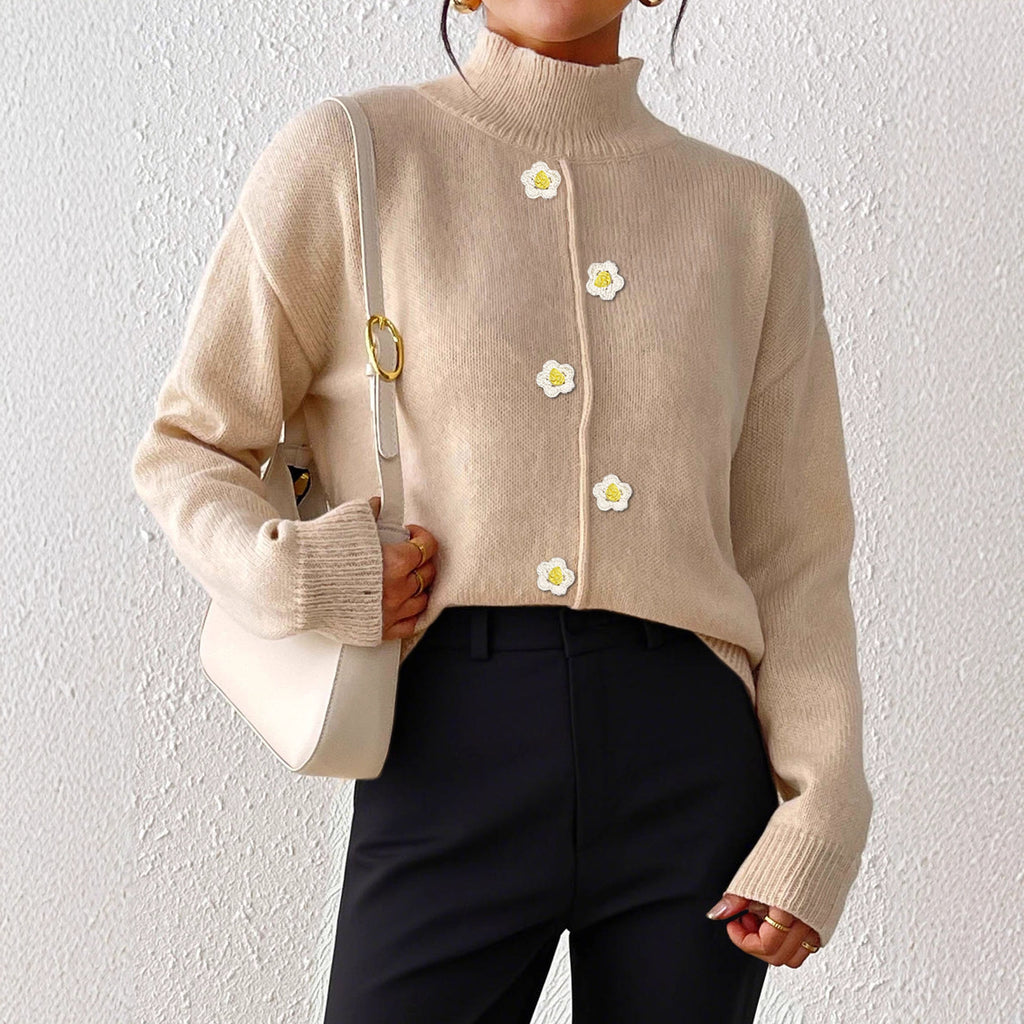 Women Clothing Half Turtleneck Pullover Three Dimensional Crocheted Decorative Bottoming Shirt Sweater