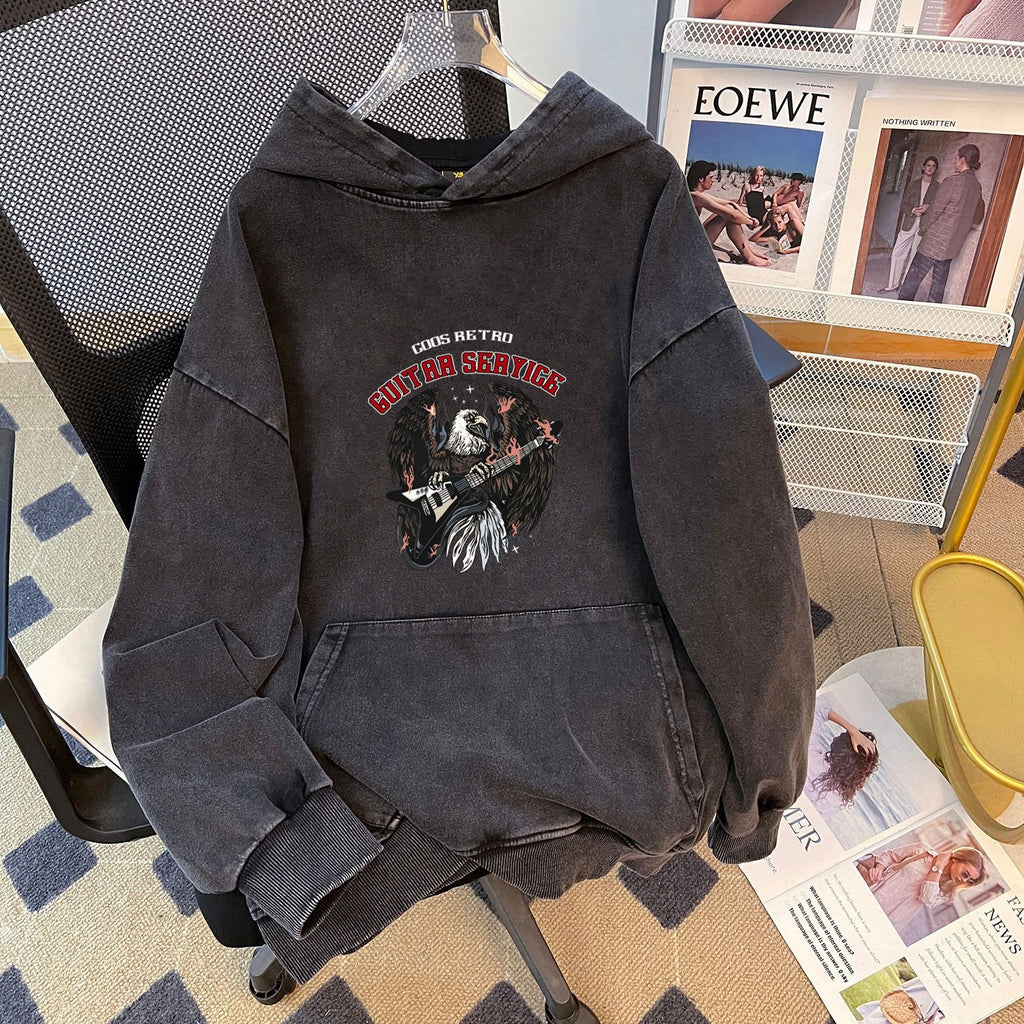 Pull femme automne-hiver, délavé, effet usé, col rond, doublure polaire épaisse, capuche ample.