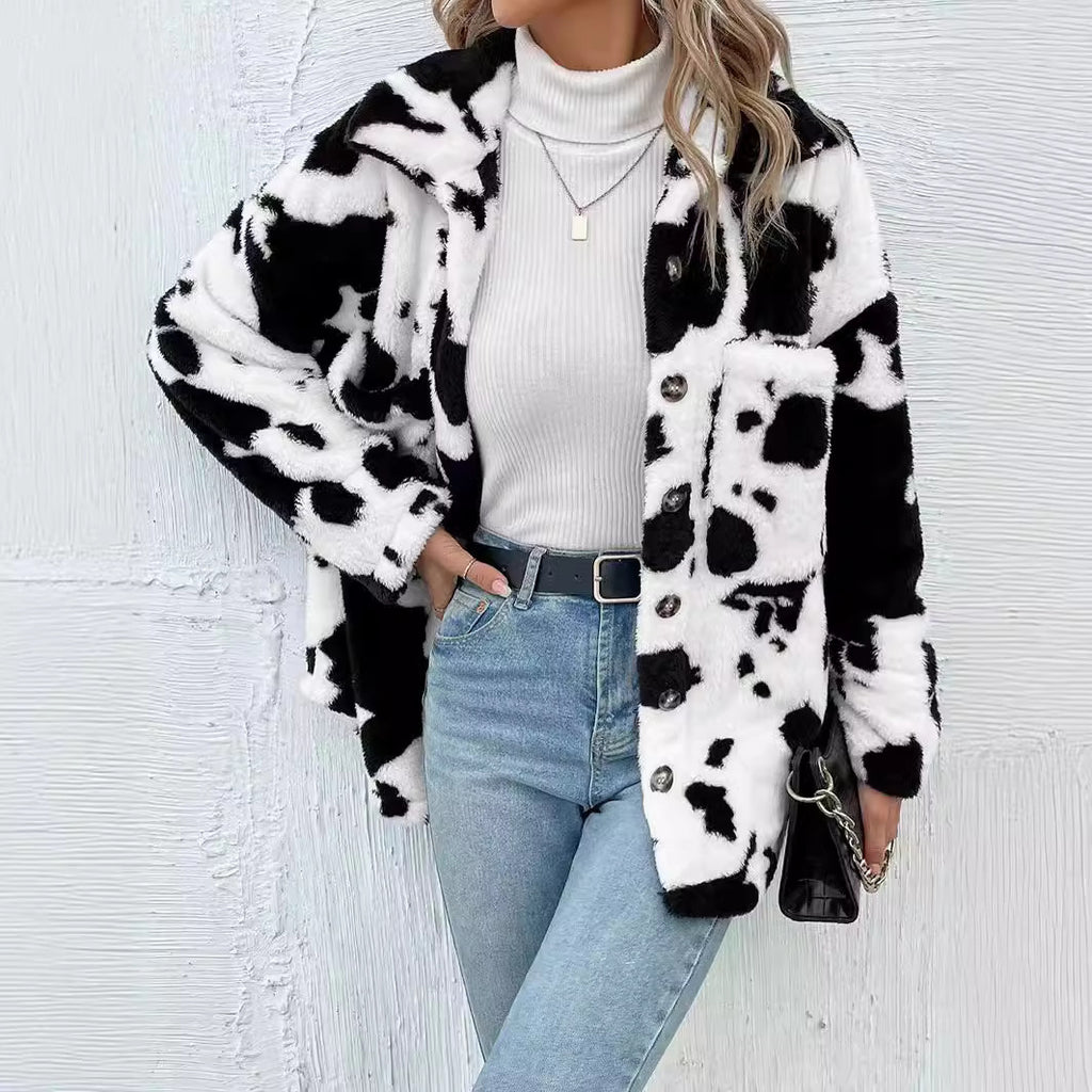 Best Seller in Double Sided Plush Cow Pattern Pocket Top Coat