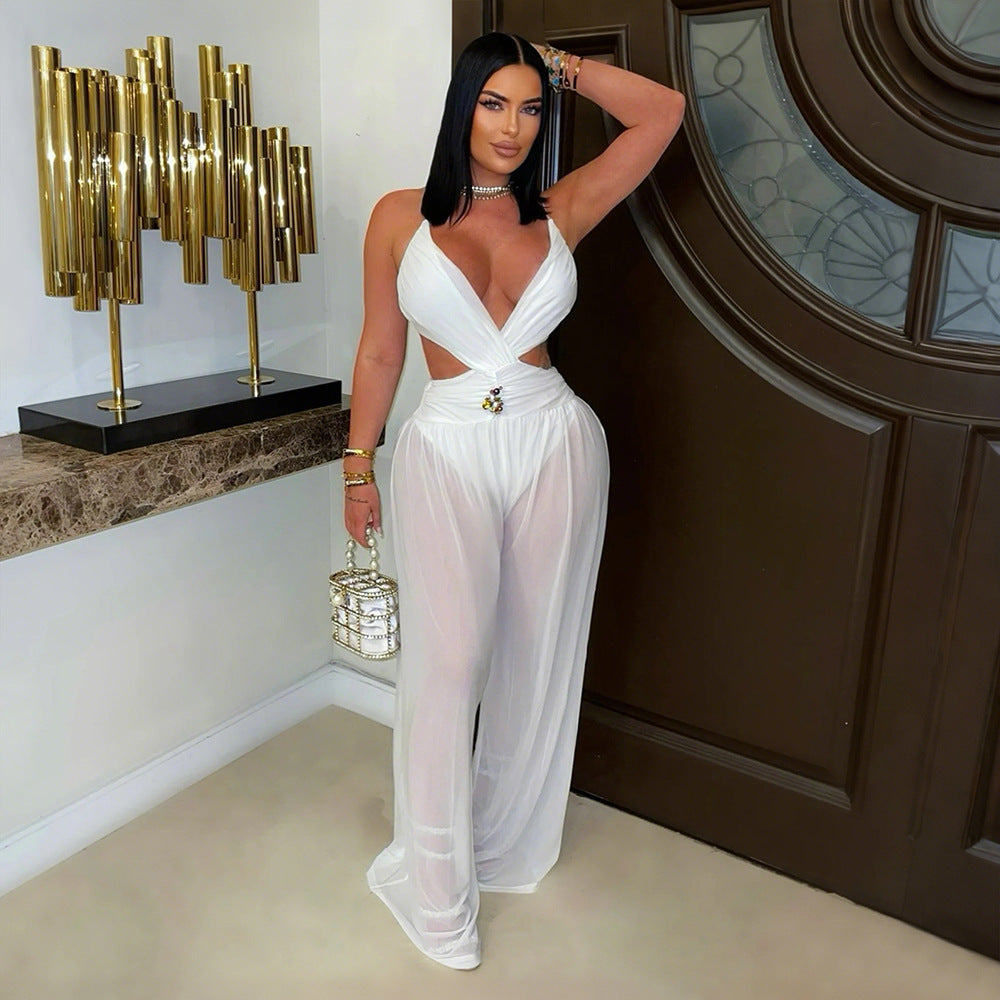 Sexy V neck Lace up Backless See through Sexy Jumpsuit Women Clothing Trousers