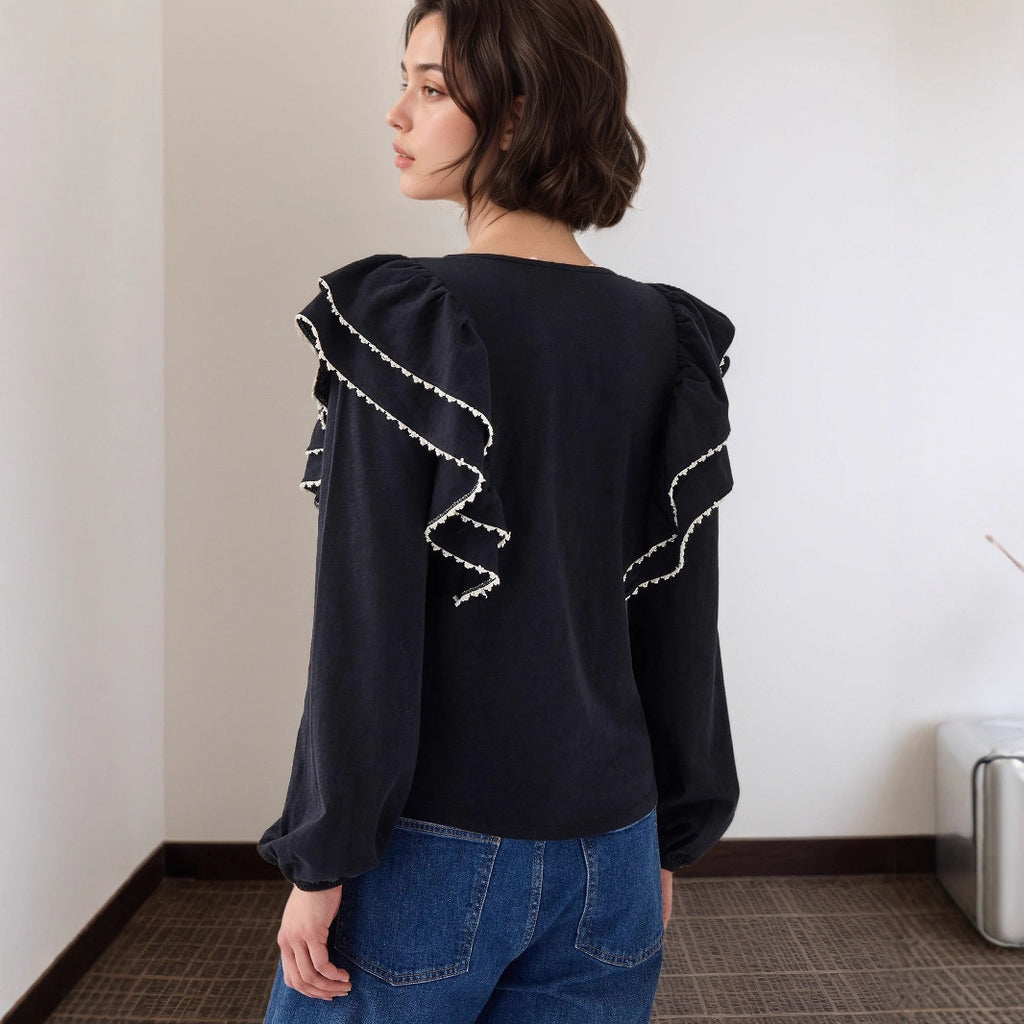 French Ruffled Long-Sleeved Shirt Women Autumn Polo Collar Single Row Multi Buckle All Matching Top