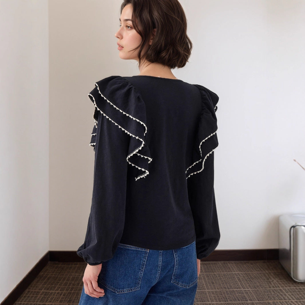 French Ruffled Long-Sleeved Shirt Women Autumn Polo Collar Single Row Multi Buckle All Matching Top