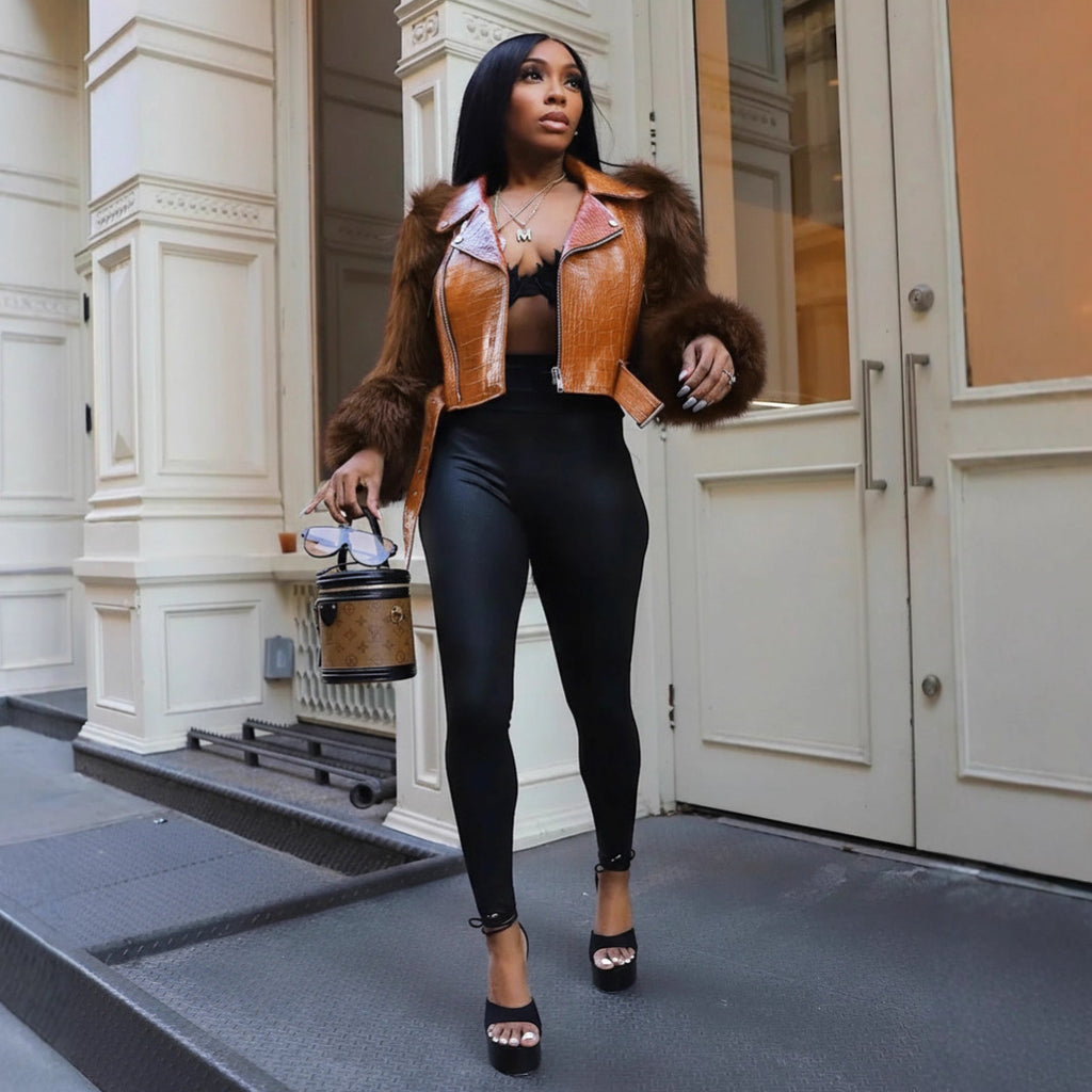 Stitching Fur Motorcycle Jacket Women Short Autumn Winter Faux Leather Jacket Street Warm Top