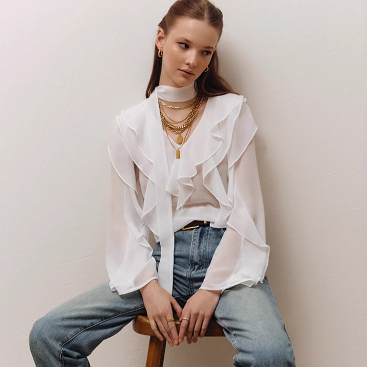 Spring Summer Comfortable V neck Flounce Long Sleeve Loose Shirt Design Office All Matching Top