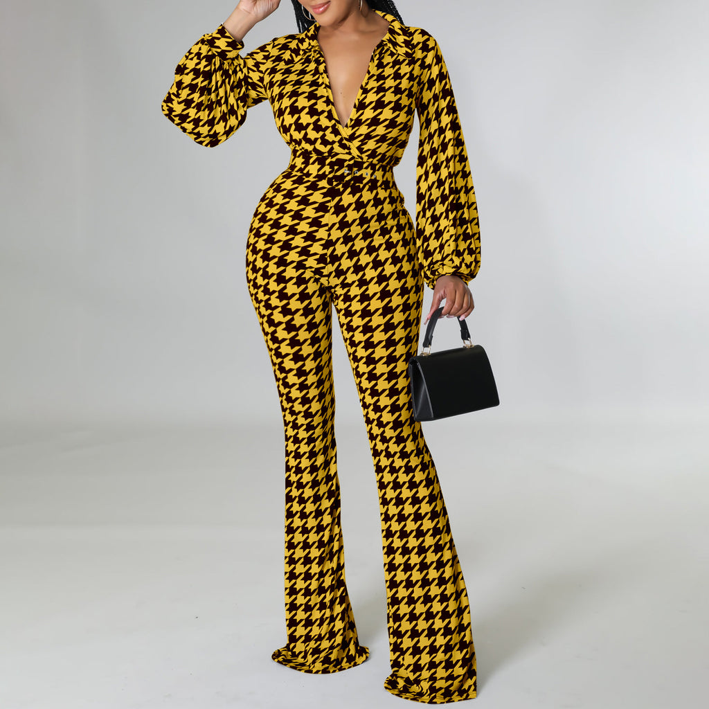 Women Clothing Autumn Winter V Neck Puff Sleeve Waist Trimming Printing Wide Leg African Jumpsuit