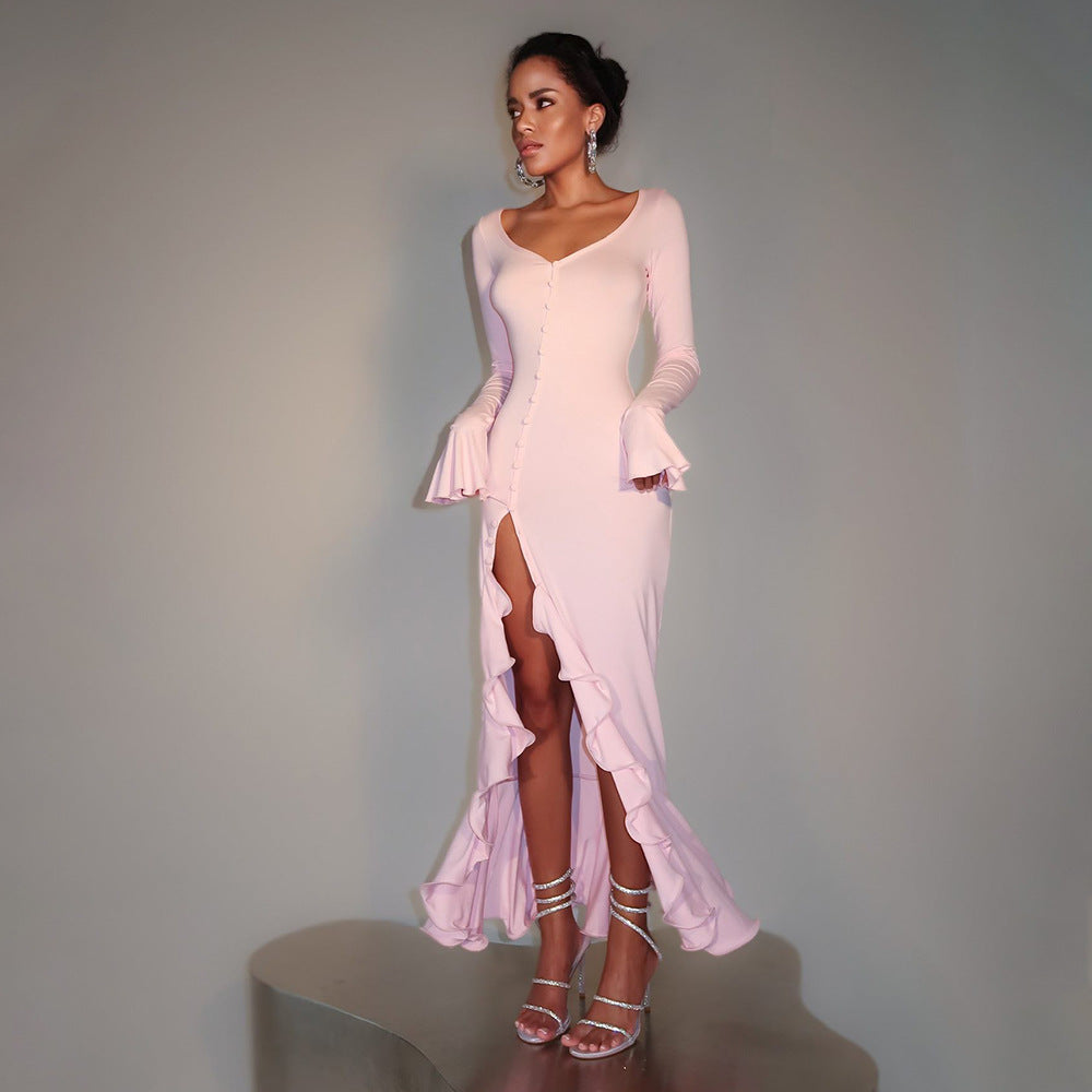 Sexy Sexy Solid Color Waist Tight Bell Sleeve Dress Single Breasted Side Slit Dress