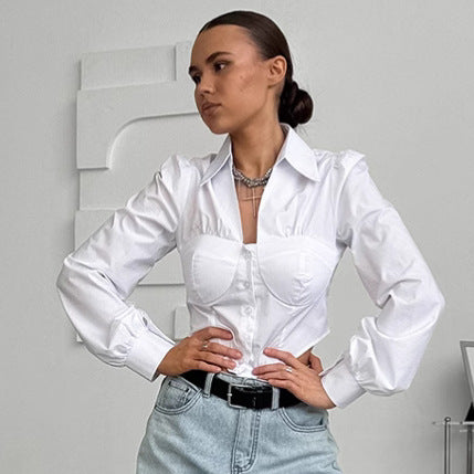 Slim Fit Polyester Cotton Short Elegant Long Sleeve Blouse Autumn Women Top