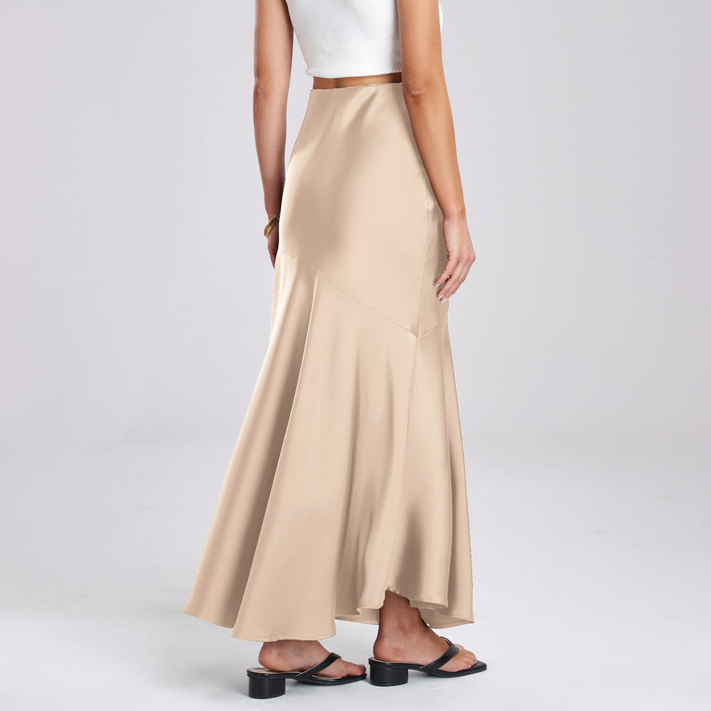 Women Acetate Satin Skirt High Waist Elastic Patchwork Maxi Dress Slim Slimming Sheath Dress