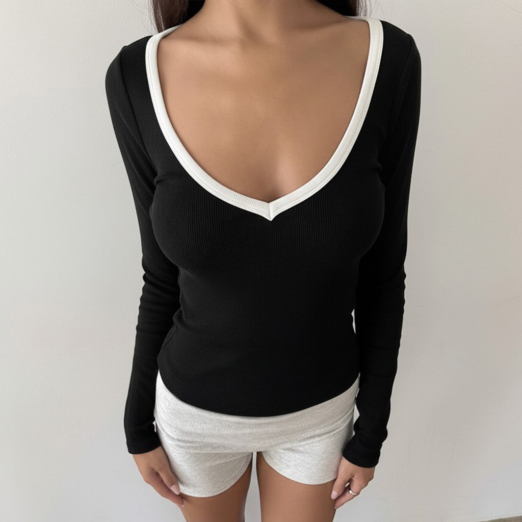 Casual V neck Color Contrast Long Sleeve T shirt Women Autumn Basic Slim Fit Slimming Knitted Top