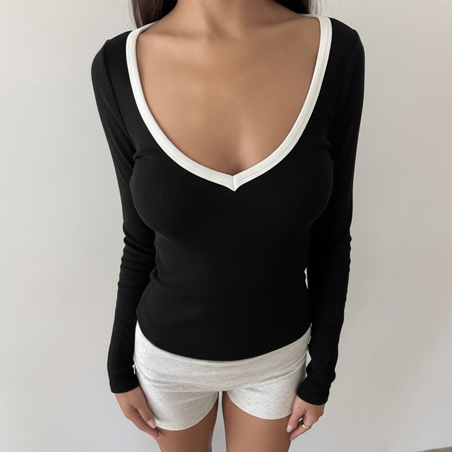 Casual V neck Color Contrast Long Sleeve T shirt Women Autumn Basic Slim Fit Slimming Knitted Top