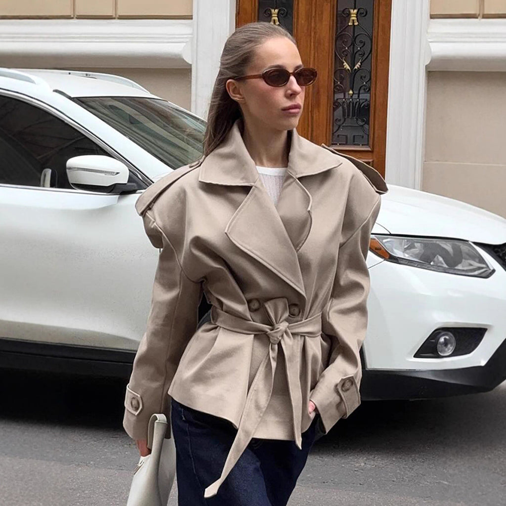 Long Sleeved Lace up Windbreaker Autumn Elegant Collared Belt Waist Trimming Coat Women